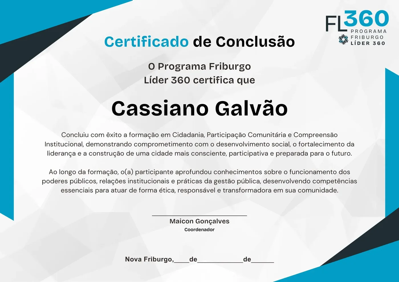 Modelo do certificado de conclusão do Programa Friburgo Líder 360