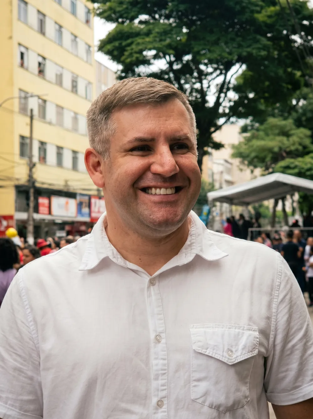 Retrato do vereador Maicon Gonçalves sorrindo no centro de Nova Friburgo